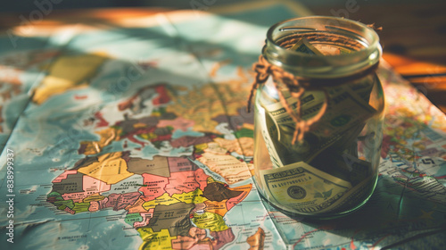 A money jar filled with foreign currency notes and coins placed on a world map. Travel savings, global finance, and international investments theme photo
