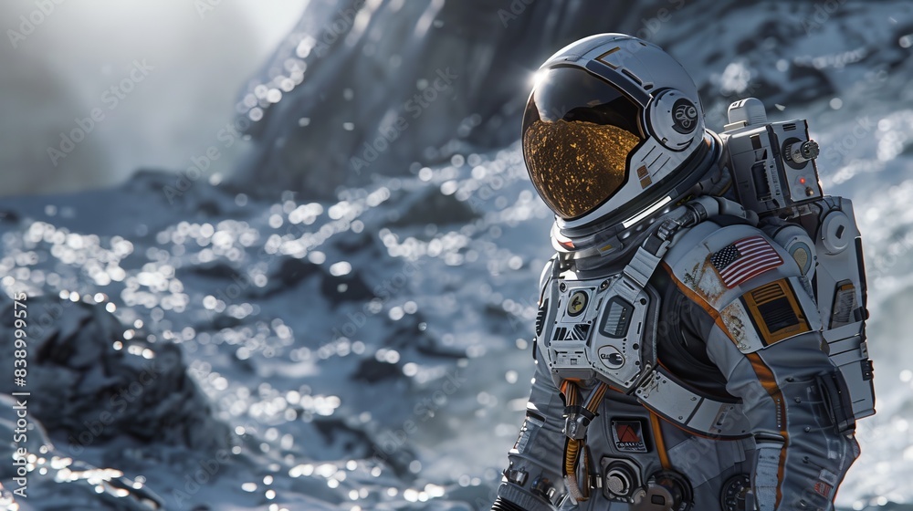 Futuristic Exploration: Astronauts in Hi-Tech Spacesuits Roaming Cyberpunk Lunar Terrain Futuristic Exploration: Astronauts in Hi-Tech Spacesuits Roaming Cyberpunk Lunar Terrain