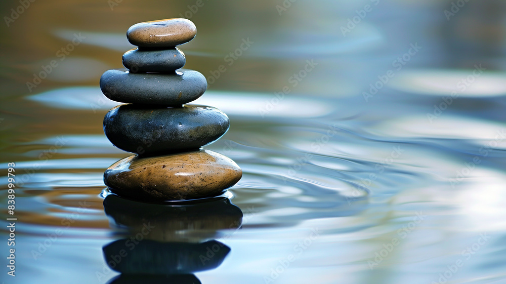 A stack of smooth stones balanced on water, representing tranquility and balance. A stack of smooth stones balanced on water, representing tranquility and balance.
