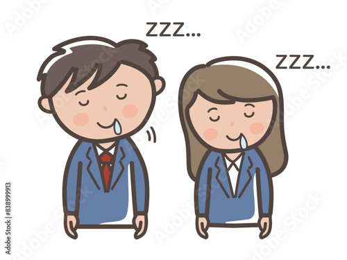 仕事中に居眠りをする男女ビジネスマンの上半身イラスト