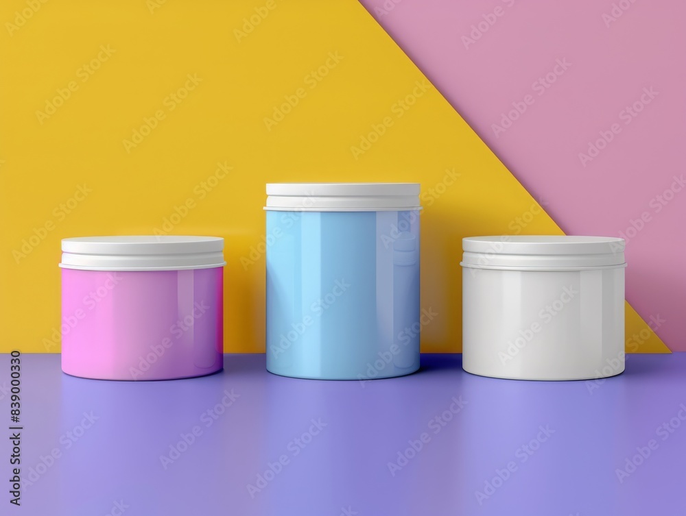 Three colorful plastic jars with white lids on a purple surface against a yellow and pink background. Three colorful plastic jars with white lids on a purple surface against a yellow and pink background.