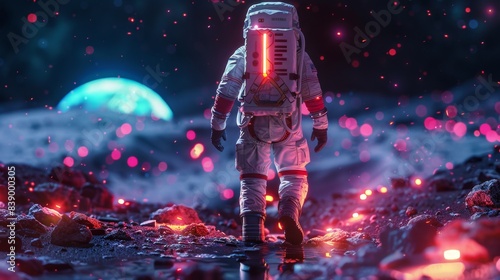 Futuristic Exploration: Cyberpunk Astronaut on Neon-Lit Lunar Surface