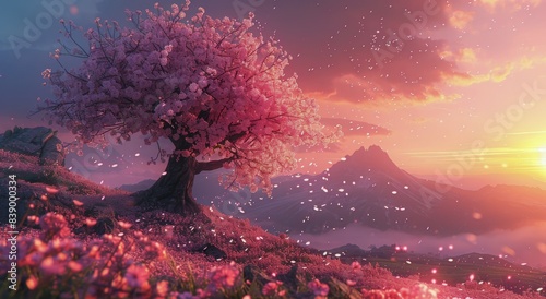 Pink Cherry Blossom Tree at Sunset on Mountaintop