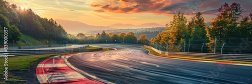 Outdoors Road. Empty Asphalt Race Track Through Green Forest at Sunset