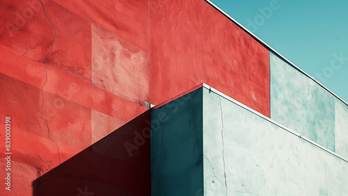 A modern building with red and blue geometric shapes, showcasing bold architecture and clean lines.