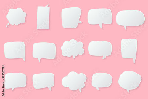 White paper cut speech bubbles, Abstract icon different shapes blank doodle bubbles, banners Template ready for use in web or print design isolated, 3D effect comics message balloon template.