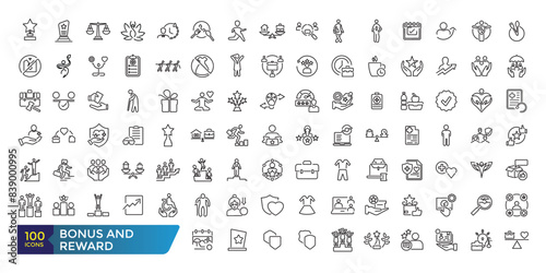 Bonus and reward icon set. Related to loyalty, benefit and prize outline icons. Collection and pack of linear web and ui icons. Editable stroke. Vector illustration