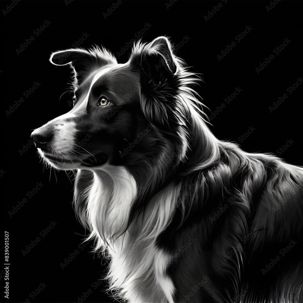 line pencil drawing boder collie silhouette sharp shadows black background, Queen of star line pencil drawing boder collie silhouette sharp shadows black background, Queen of star