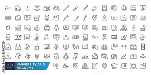 University and Academy icon set. School logo design badge. University emblem template. Collection and pack of linear web and ui icons. Editable stroke. Vector illustration
