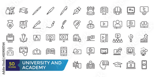 University and Academy icon set. School logo design badge. University emblem template. Collection and pack of linear web and ui icons. Editable stroke. Vector illustration