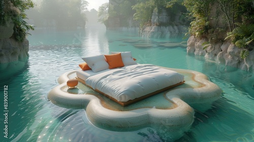 Elegant Double Bed with Luxurious Linen Floating in the Middle of a Serene Water Body
 photo