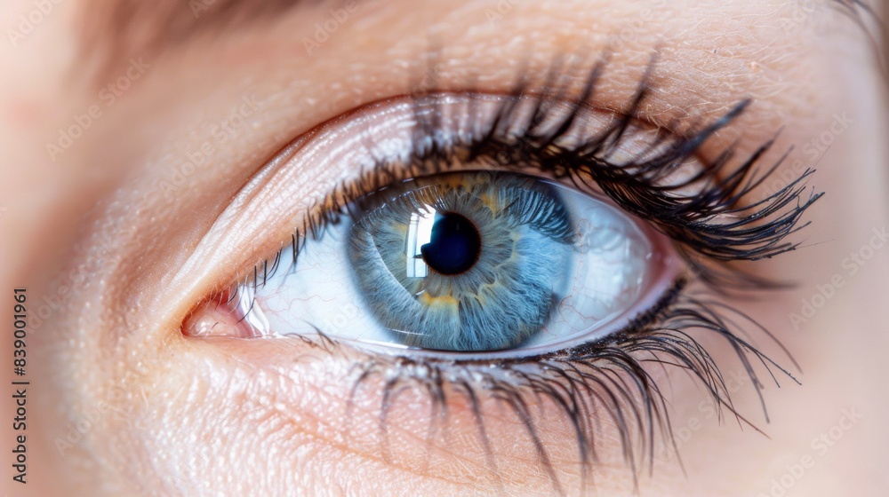 A close up of a woman's eye with blue iris, AI A close up of a woman's eye with blue iris, AI