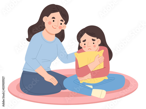 Mother comforting teenage daughter feeling sad vector illustration