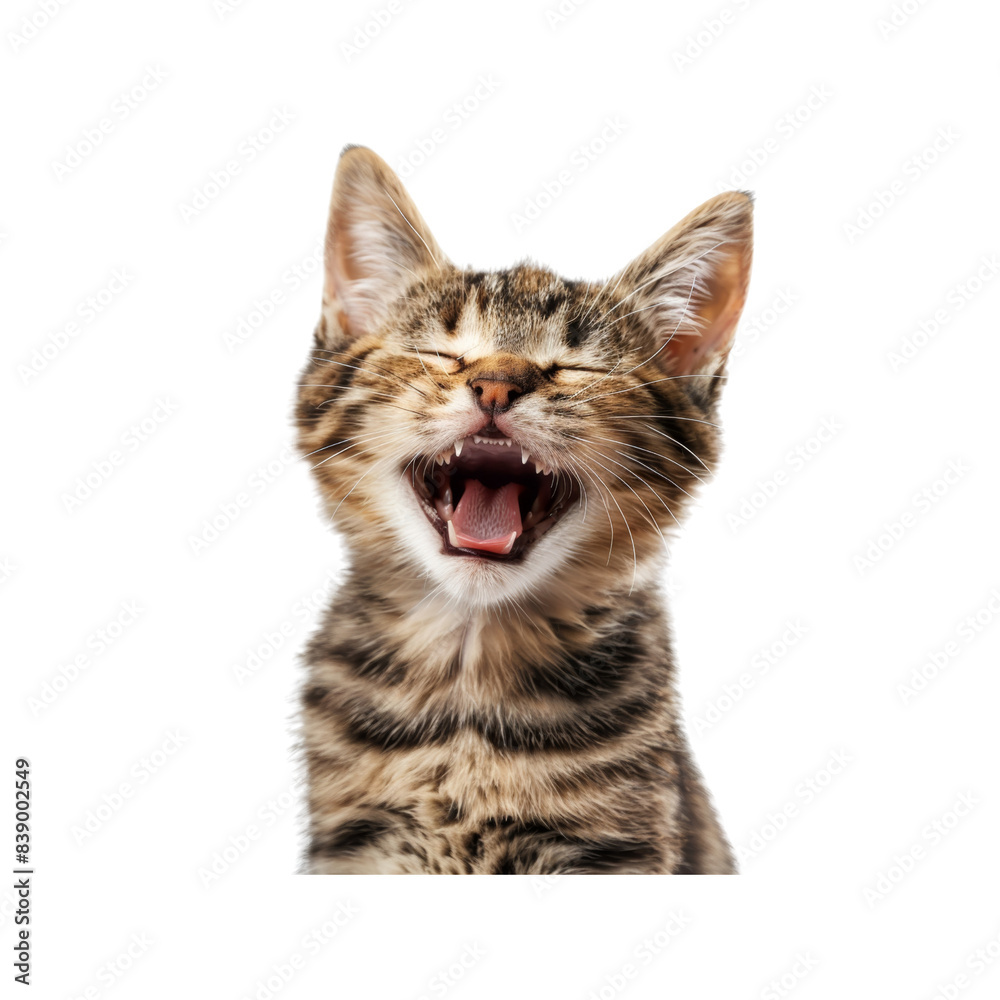 A cute, striped tabby kitten with its eyes closed and mouth open isolated on white background. A cute, striped tabby kitten with its eyes closed and mouth open isolated on white background.