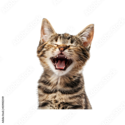 A cute, striped tabby kitten with its eyes closed and mouth open isolated on white background.