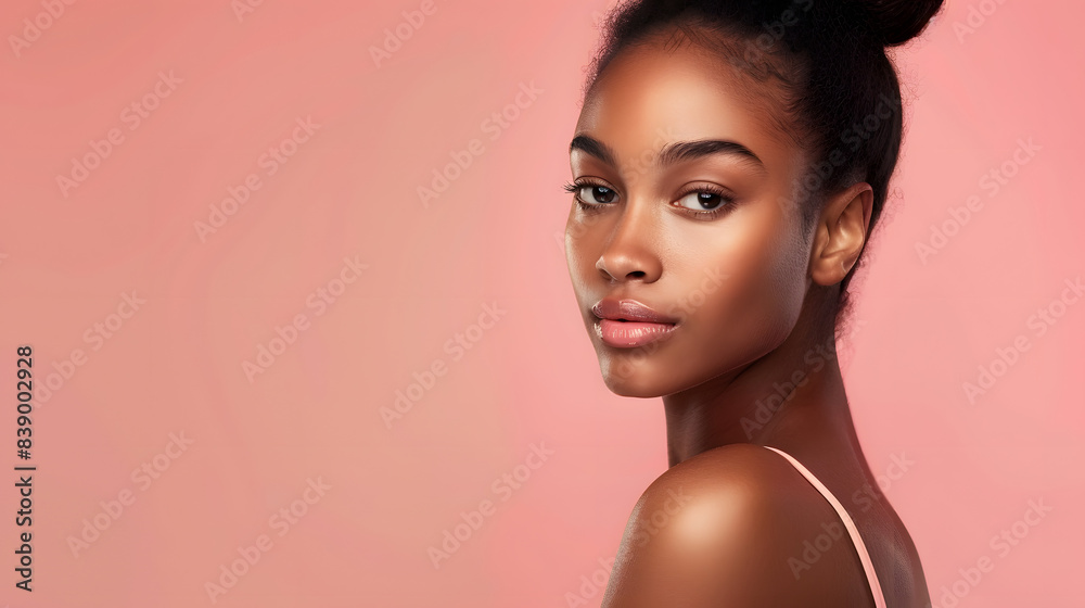 Woman portrait with delicate makeup on pastel background, providing ample space for text placement Woman portrait with delicate makeup on pastel background, providing ample space for text placement