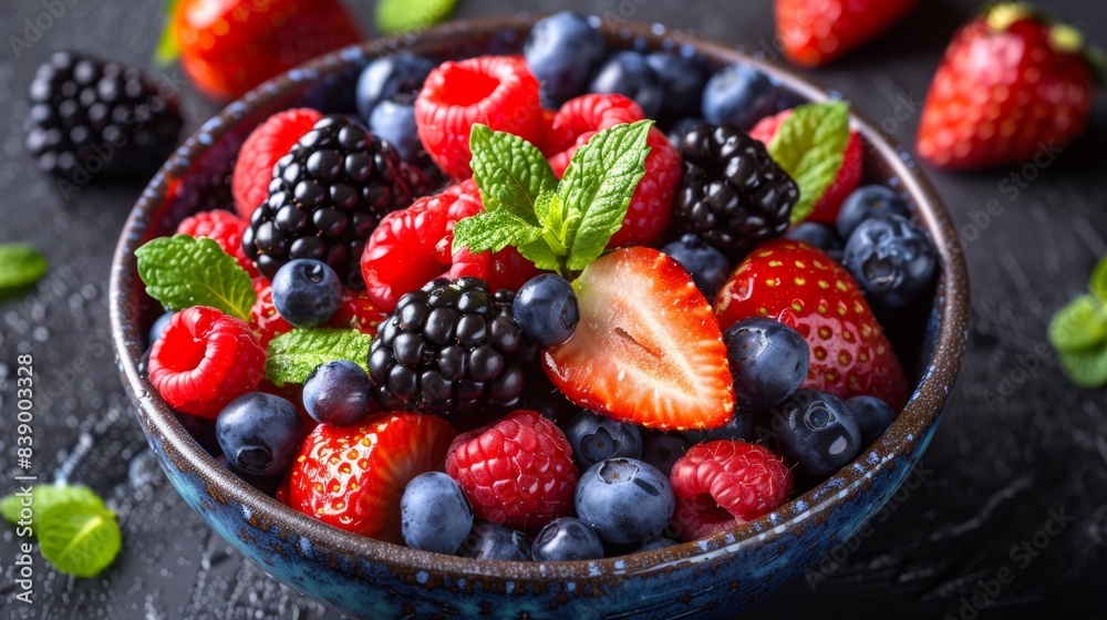 A bowl of berries and mint leaves on a black table, AI A bowl of berries and mint leaves on a black table, AI