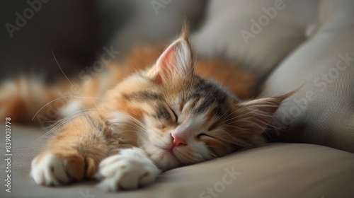 A cat sleeping on a couch with its eyes closed, AI