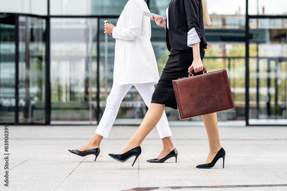 Businesswoman with briefcase using mobile phone while walking by colleague on footpath