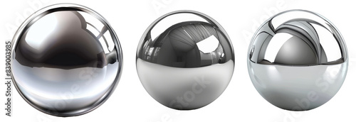 On a white background, a realistic chrome steel ball is shown