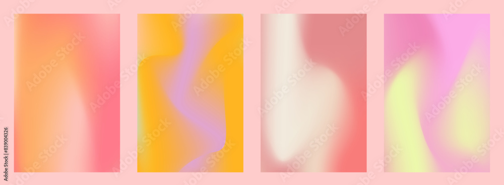 Fototapeta premium Peach gradient background set with abstract wave. Nude, peach and apricot gradient soft poster. Warm fuzz bg for wallpaper. Vector illustration
