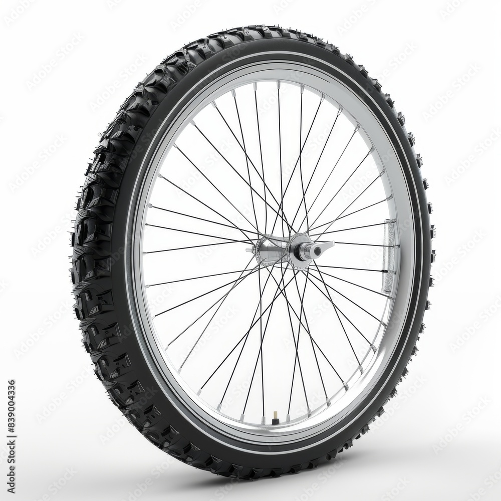 Side view of bicycle wheel isolated on white background. Detailed 3D rendering of bike part. Side view of bicycle wheel isolated on white background. Detailed 3D rendering of bike part.