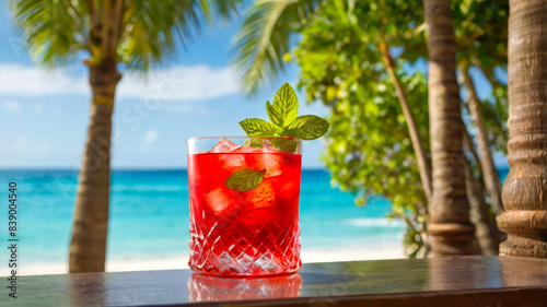 Vibrant red cocktail with mint garnish, served in a tall glass against a tropical backdrop with copy space