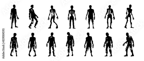 Collection of halloween silhouettes decorations icon and character. Witch, vampire, demon, creepy and spooky elements. Zombie man silhouette black filled vector Illustration icon.