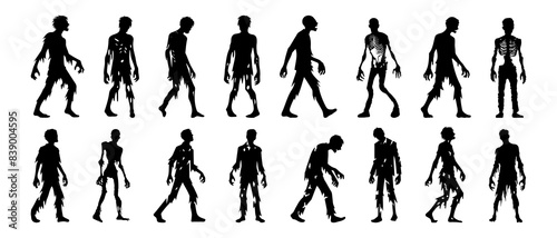 Collection of halloween silhouettes decorations icon and character. Witch, vampire, demon, creepy and spooky elements. Zombie man silhouette black filled vector Illustration icon.