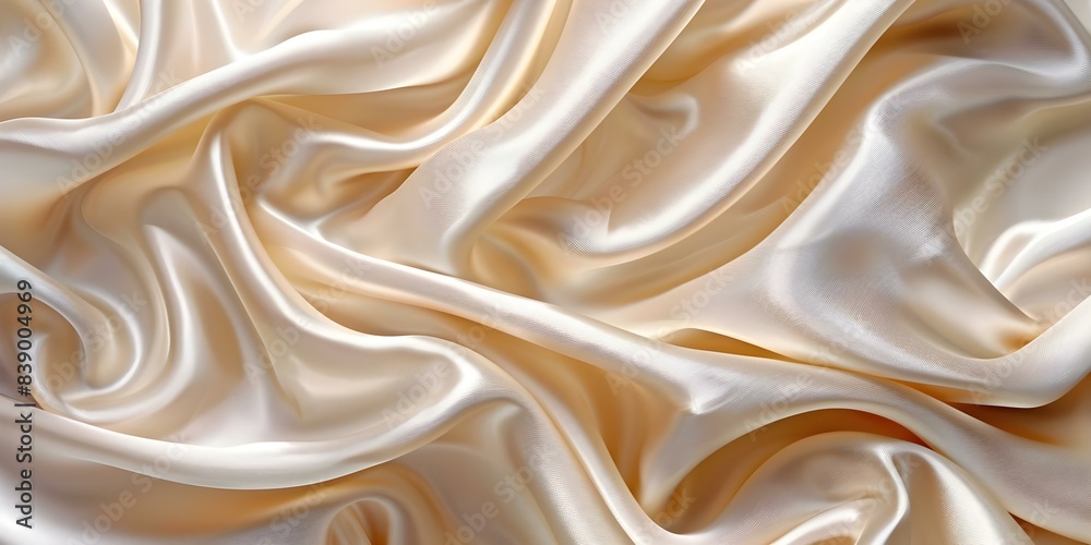 Fototapeta premium Luxurious white gold silk fabric texture background with elegant satin waves. Concept White Gold Silk Fabric, Elegant Satin Waves, Luxurious Background, Textural Details