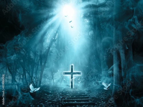 Forest stairs, a bible opens slowly, the cross rises, white doves fly to the cross, emitting neon light, smoke, neon halo, Radiant Cross of Hope - Serene 4K HD Wallpaper of Neon Halo and Sacred Symbol