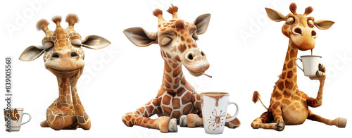 Isolated on solid white background, a sleepy Giraffe holds a cup of coffee