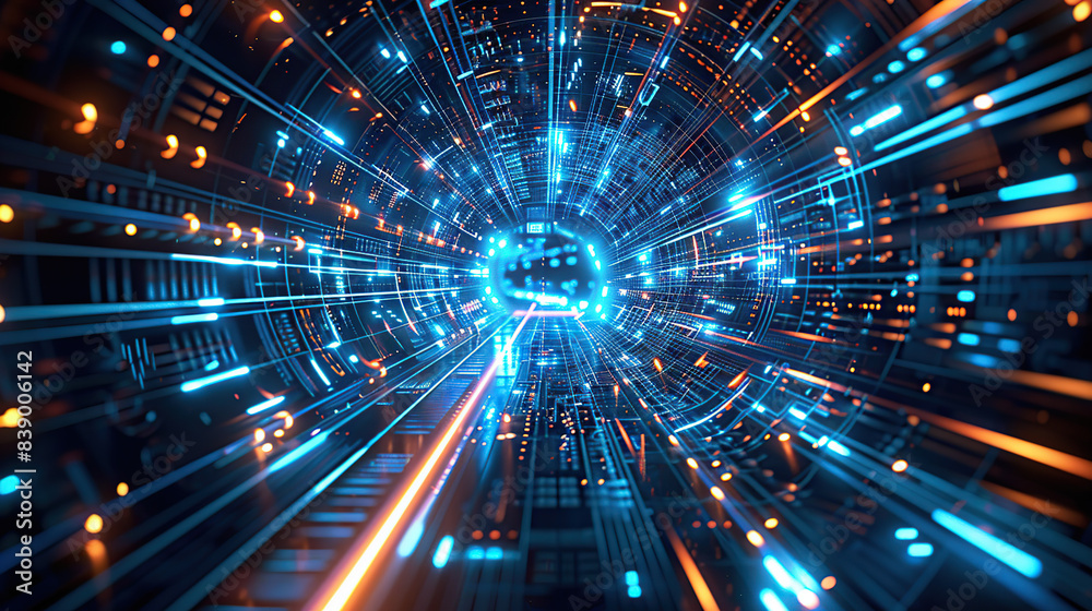 bstract futuristic digital technology background with blue and orange light streaks