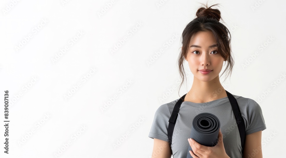 Young beautiful asian woman with sportswear holding yoga mat on isolated white background. Portrait sporty woman standing pose exercise workout in studio. Training yoga lifestyle Young beautiful asian woman with sportswear holding yoga mat on isolated white background. Portrait sporty woman standing pose exercise workout in studio. Training yoga lifestyle