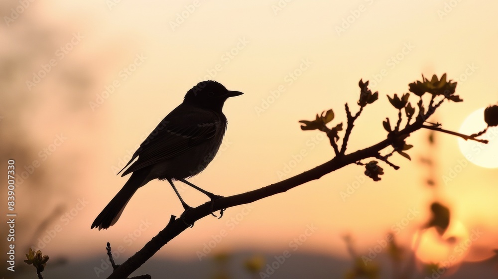 Fototapeta premium A bird perched on a branch at sunset with the sun setting behind it, AI