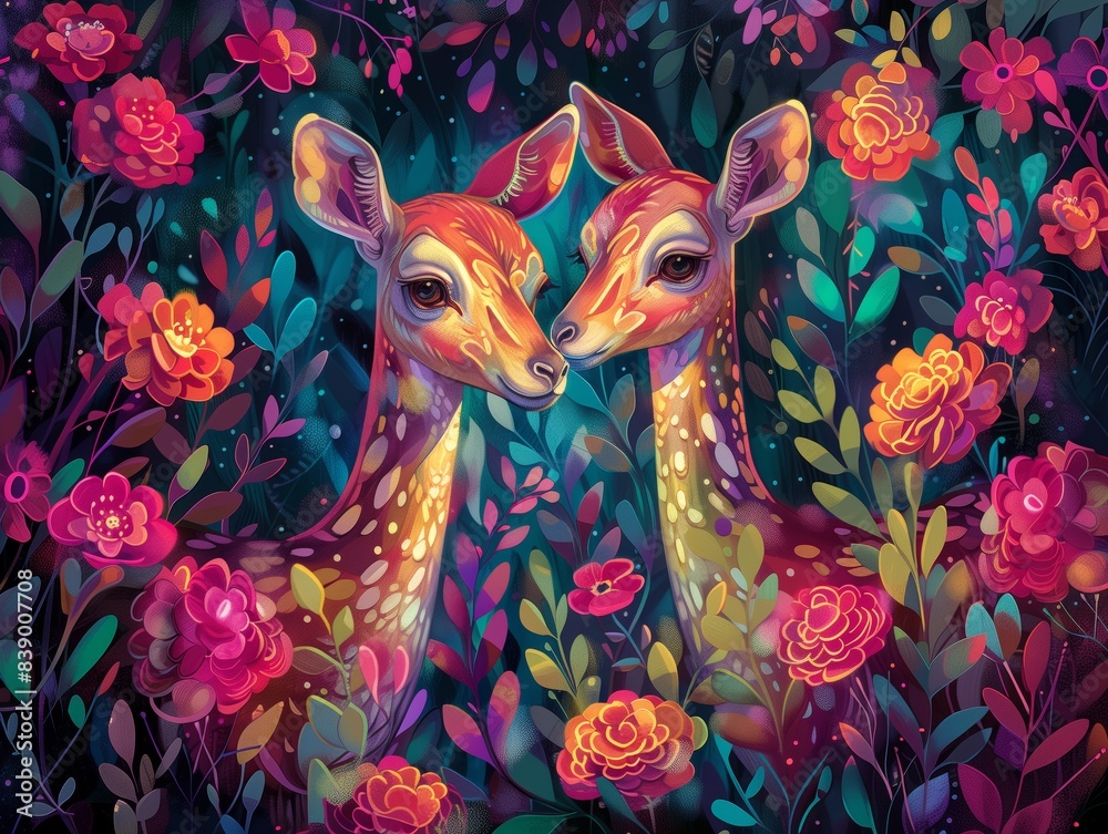 Obraz premium Whimsical deer illustration in enchanted forest, magical fawns with floral garden background, vibrant fantasy wildlife art with roses and leaves
