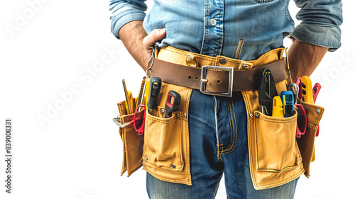 Close-up of a person in denim holding a tool belt with various hand tools. Suitable for construction, DIY, or handyman concepts.