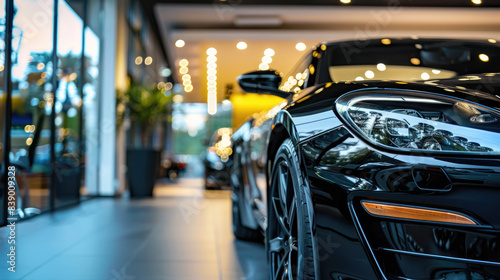 Showroom Display of Luxurious Black Car at Car Dealership