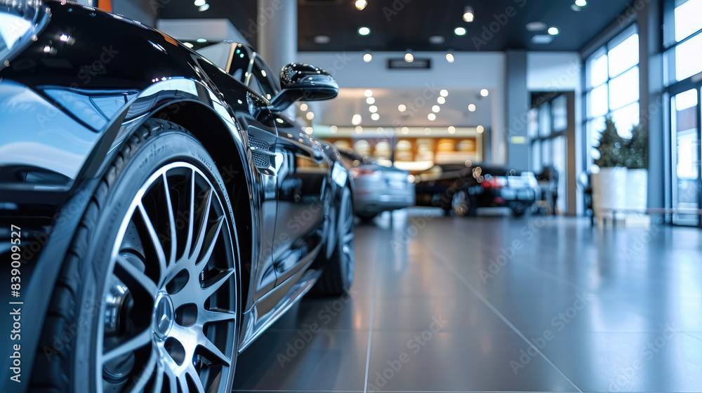 Showroom Display of Luxurious Black Car at Car Dealership Showroom Display of Luxurious Black Car at Car Dealership