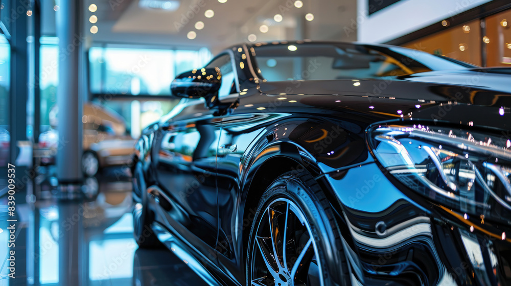 Showroom Display of Luxurious Black Car at Car Dealership Showroom Display of Luxurious Black Car at Car Dealership