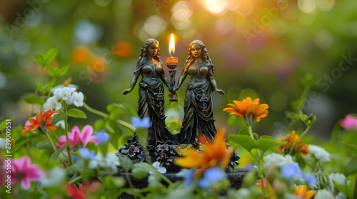 Triple Goddess figurine with candle and colorful flowers in garden, nature background. Symbol of the Triune Moon. esoteric ritual for Litha, Midsummer. witchcraft, wiccan spiritual practice. photo