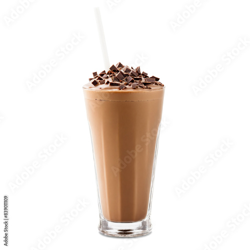 Iced chocolate milkshake in a sleek transparent glass cup with chocolate shavings and a straw