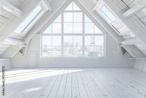 Empty attic room with white walls  and city view as background. HD  Generative ai