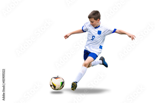 Fototapeta Naklejka Na Ścianę i Meble -  Isolated, transparent young boy kicks a soccer ball