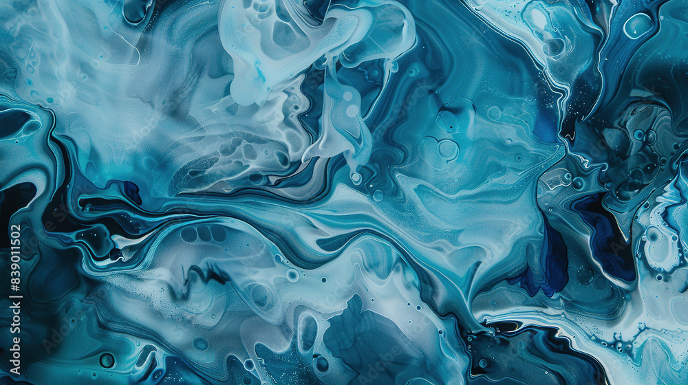 Closeup on liquid dark and light blue acrylic ink that can be used as background. 