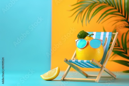 Lemon fruit chilling in beach chair on the blue and yellow background. Summer vacation concept. Sunglasses on lemon with green leaf relaxing on the sunbed. Creative art, minimal aesthetic