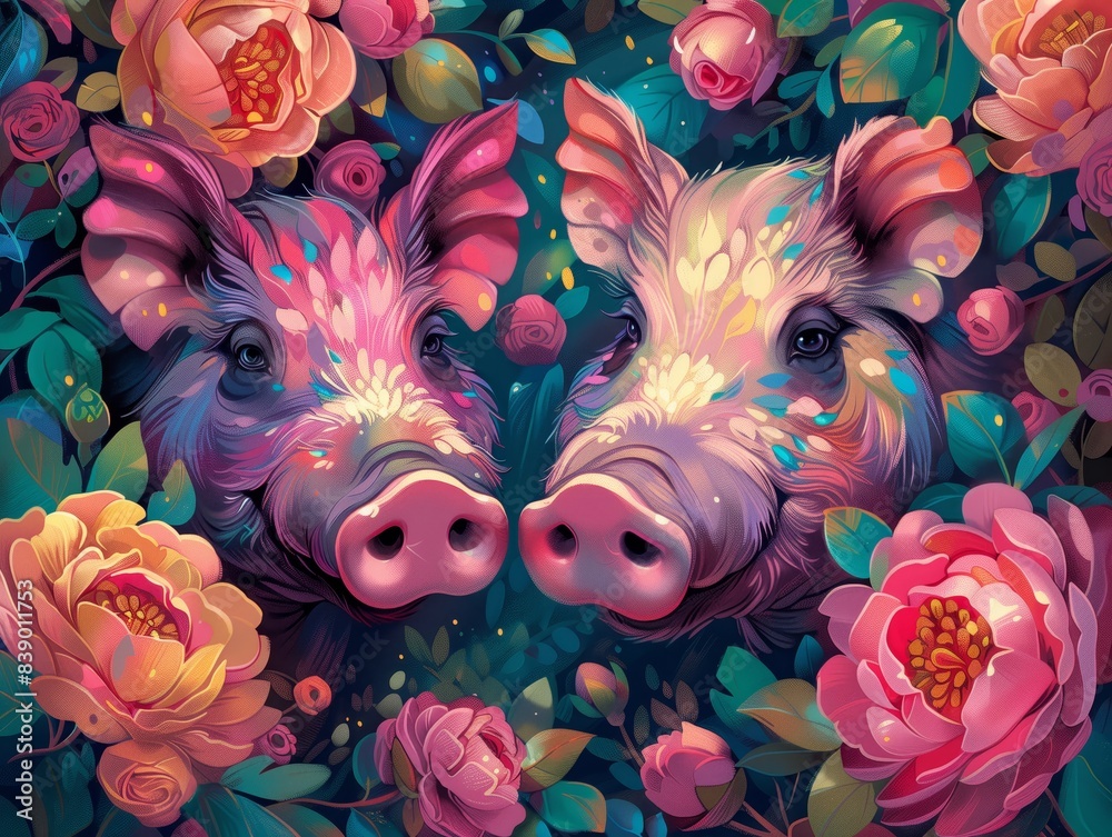 Fototapeta premium Whimsical pig illustration in a floral garden, colorful fantasy pigs with blooming roses, vibrant digital art of farm animals in nature