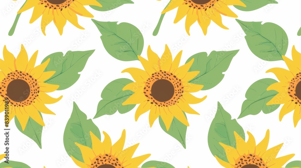 Sunflower with green leaves, pattern on white background, simple shapes Sunflower with green leaves, pattern on white background, simple shapes