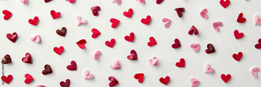 A clean white background with scattered tiny pink and red hearts in a minimalist pattern