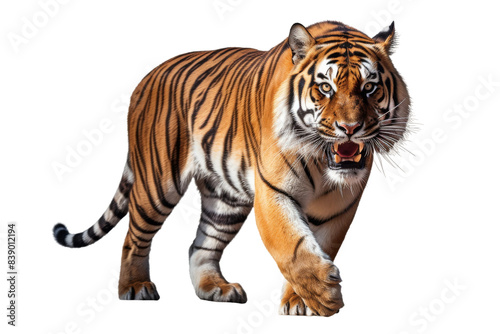 Majestic Tiger Striding Through a Blank Canvas on a White or Clear Surface PNG Transparent Background..